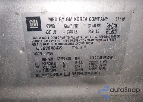 2019 Chevrolet Trax Lt z USA, uszkodzony, nr VIN KL7CJPSB9KB847332